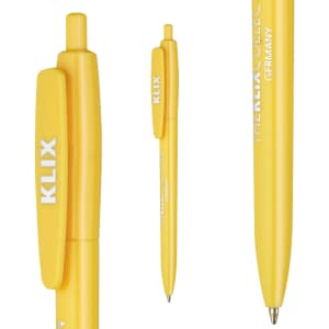 A yellow plastic pen with a clip and a logo. The pen is shown from multiple angles.