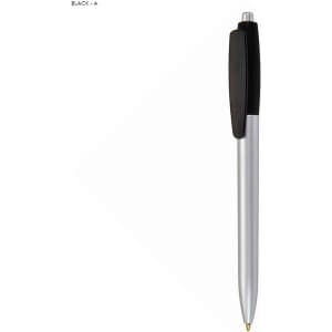 A silver plastic pen with a black grip and silver clip, featuring a branding logo.
