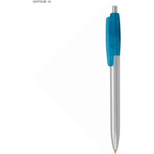 A light blue plastic pen with a clear blue grip and a silver barrel, featuring a brand logo.
