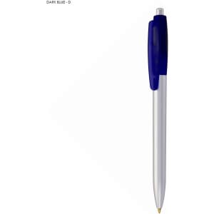 A dark blue plastic pen with a silver barrel and a blue grip, featuring a logo on the side.