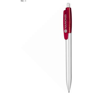 A plastic pen with a red grip and silver barrel, featuring a branding logo on the side.