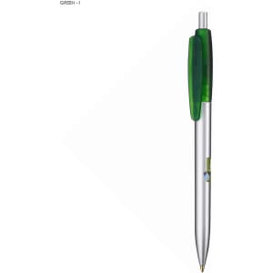 A plastic pen featuring a green grip and a clear barrel, with a click mechanism at the top.