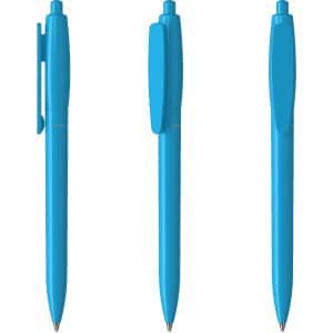 A set of three blue plastic pens positioned upright, each displaying a different angle. They all have a simple design and a clip.