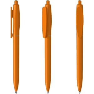 An orange plastic pen with a clip, displayed from three different angles.