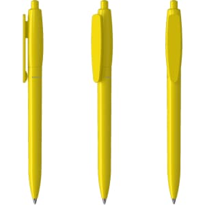 A set of yellow plastic pens displayed from three angles, featuring a clip and a rounded tip design.