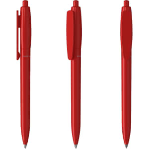 Three red plastic pens displayed in different positions, featuring a clip and a smooth design. Each pen has a branding logo.