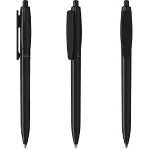A set of three black plastic pens featuring different angles and a prominent clip. Each pen has a smooth finish.