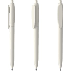 A set of three light beige plastic pens, featuring a clip and a smooth design. Each pen has a branding logo.