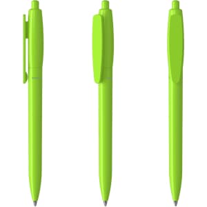 A set of three bright green plastic pens with clips and pointed tips. Each pen has a smooth finish and a logo.