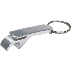 A drink bottle opener key ring in a sleek silver design featuring a circular keyring attachment.