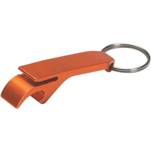 An orange bottle opener keyring with a metal finish and a circular keyring attachment. It features a logo.