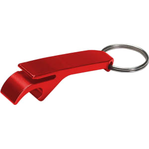 A drink bottle opener key ring in vibrant red with a silver key ring attachment. It includes a logo.
