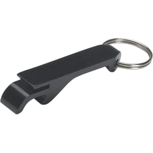 A drink bottle opener key ring in black with a metallic keyring attachment and a sleek design.