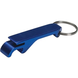 A drink bottle opener key ring in blue with a metallic finish and a silver key ring attachment.