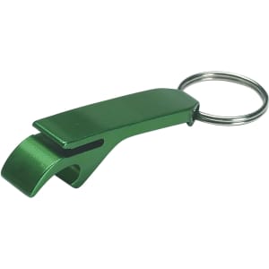 A green bottle opener key ring with a streamlined design and a metal keyring attachment.