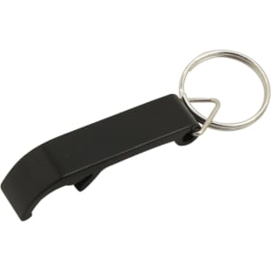 A drink bottle opener key ring in black, featuring a metal keyring attachment and a sleek, simple design.