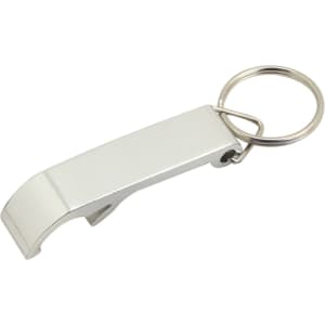 A drink bottle opener key ring in silver metal, featuring a circular key ring attachment and a simple design.