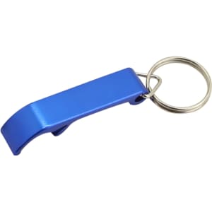 A drink bottle opener in blue metal, attached to a silver key ring, with a simple, sleek design.