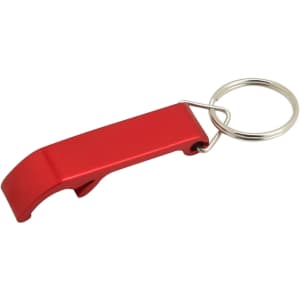 A drink bottle opener key ring in bright red, featuring a simple design and a metal key ring attachment.