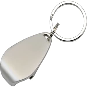 A drink bottle opener in a polished silver finish, attached to a metal key ring.