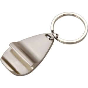 A drink bottle opener key ring in silver metallic finish, featuring a smooth design and a circular key ring attachment.