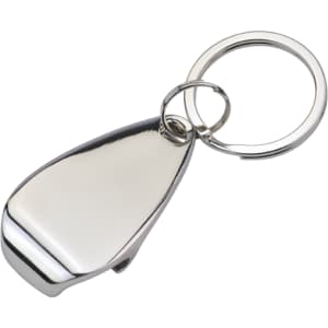 A drink bottle opener keyring in a shiny silver finish, featuring a circular keyring attachment.