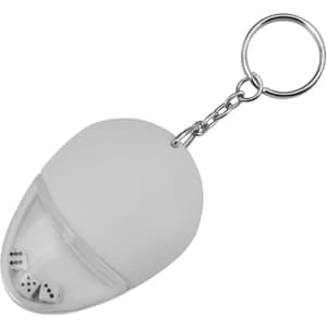 A drink bottle opener keyring in white, shaped like a mouse with a transparent section revealing dice inside.
