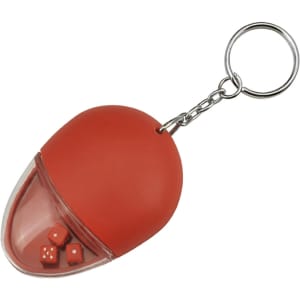 A drink bottle opener key ring in red, featuring a transparent bottom section with three small dice inside.