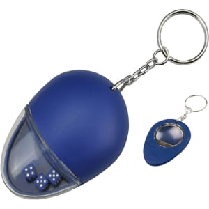 A drink bottle opener key ring in blue, shaped like a mouse, featuring three dice inside a clear compartment.