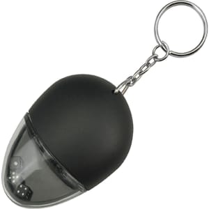 A drink bottle opener key ring in black with a transparent section and a keychain attachment.