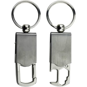 A drink bottle opener key ring in silver with a sleek design and a metallic finish, featuring a key ring attachment.