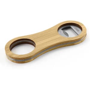 A drink bottle opener key ring made of bamboo and stainless steel, featuring two circular openings and a logo.