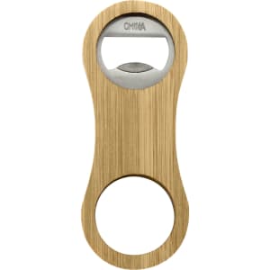 A drink bottle opener key ring made from bamboo with a stainless steel opener, featuring a simple design and a logo.