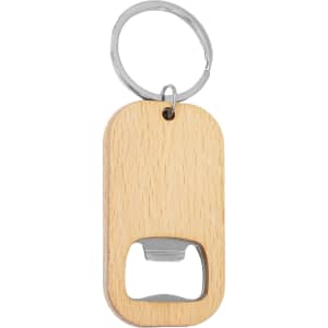 A drink bottle opener key ring made of bamboo, featuring a silver metal opener and attached key ring.