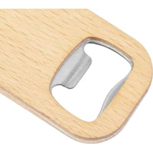 A drink bottle opener key ring made of bamboo with a stainless steel opener, featuring a natural wood finish.