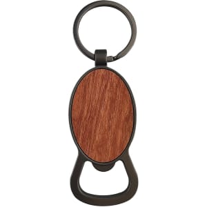 A drink bottle opener featuring a round wooden design with a black metal keyring attachment.