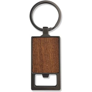 A drink bottle opener keyring featuring a square wooden design and a black metal keyring.