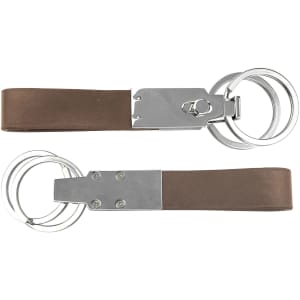 A brown leather multi key ring featuring silver metal accents and multiple rings for keys.