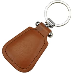 A rustic brown leather key ring with a metal circular keychain attachment.