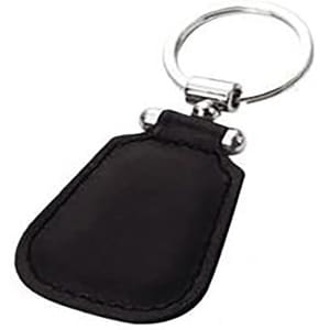 A black leather key ring with a circular metal attachment and a simple design. It has a branding logo.