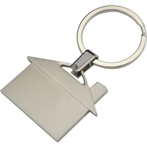 A metal key ring in the shape of a house, coloured in light grey with a shiny silver attachment.