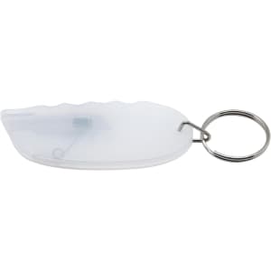 A transparent mini cutter key ring with a silver key ring attachment. The cutter has a sleek, curved design.