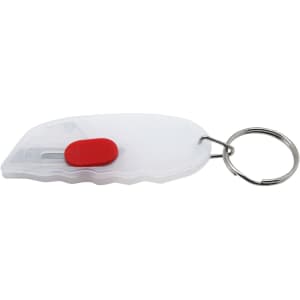 A mini cutter key ring in white with a red button, featuring a silver key ring attachment.