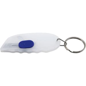 A white and blue mini cutter key ring with a metal keyring attachment. Features a simple, ergonomic design.