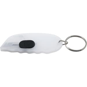 A white mini cutter key ring with a black button and silver keyring attachment.