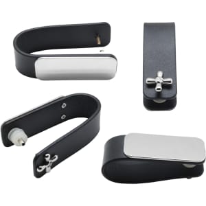 A black leather key holder featuring a silver metal accent and a cross design. It has a simple and elegant style.