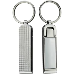 A silver mobile stand and hanger key ring with a textured side and a smooth side, featuring a metal keyring.