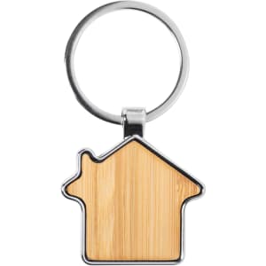 A bamboo key ring in the shape of a house, featuring a silver metal keychain.