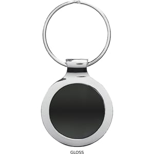 A glossy silver key ring featuring a round, reflective disc in the centre.