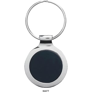 A matte black key ring with a polished silver metal rim and a circular design. It features a branding logo.